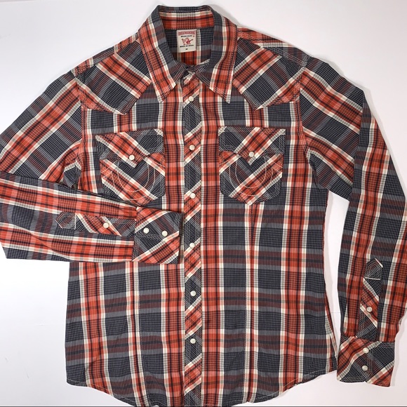 TRUE RELIGION Plaid Pearl Snap Medium Red Blue - Picture 2 of 7